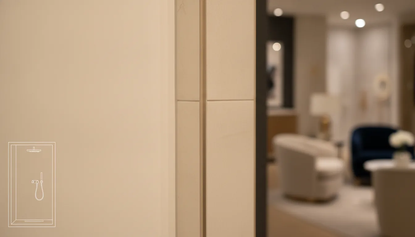 Acrylic panel and tile wall meeting at corner closeup
