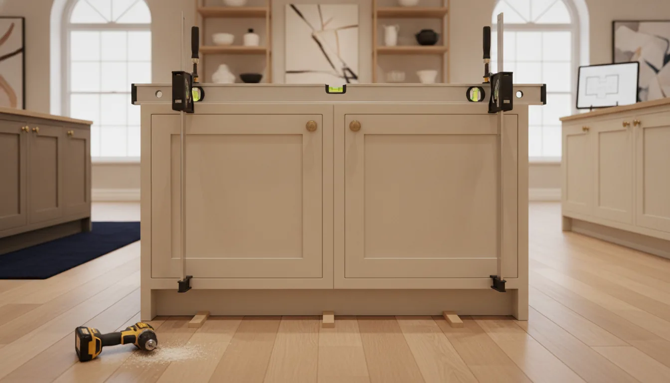 Base cabinets clamped and shimmed at face frame