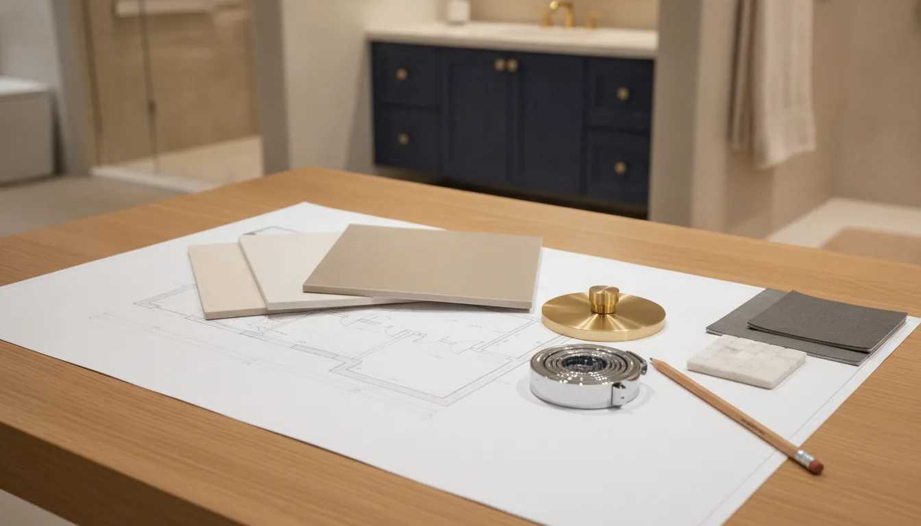 Bathroom tile samples and floor plan on design table