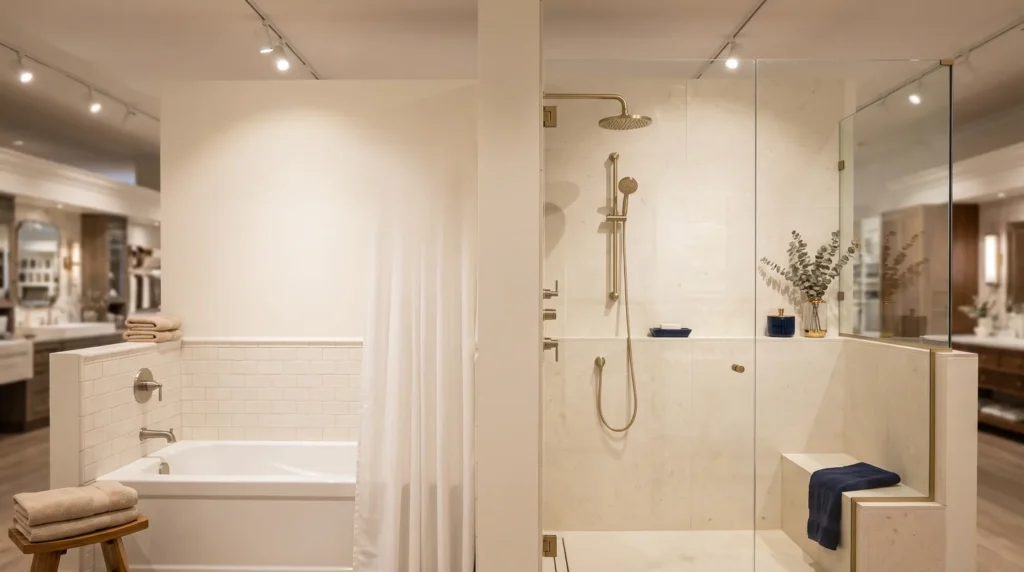 Bathtub and walk in shower side by side showroom