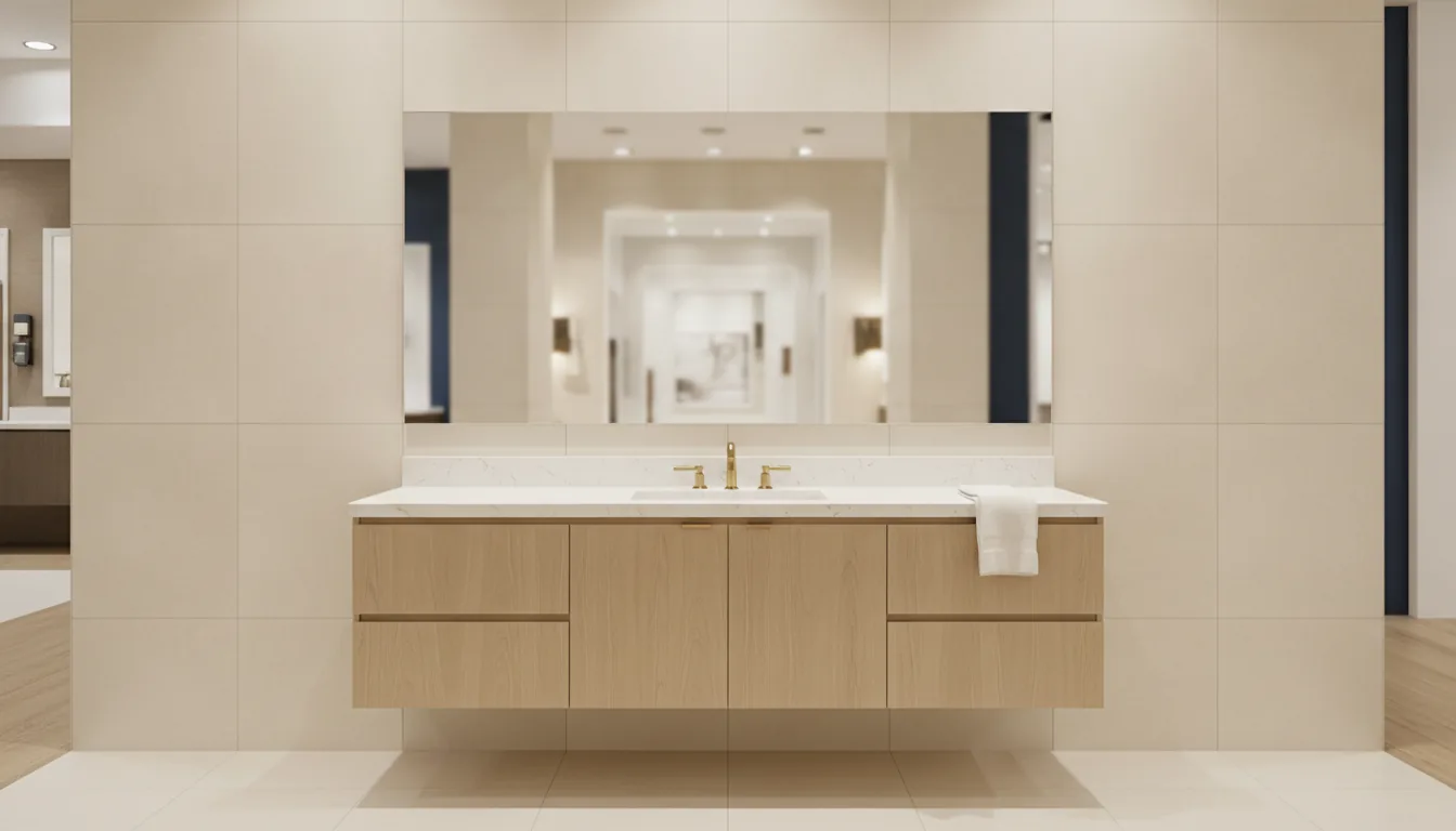 Bright neutral bathroom staged for listing