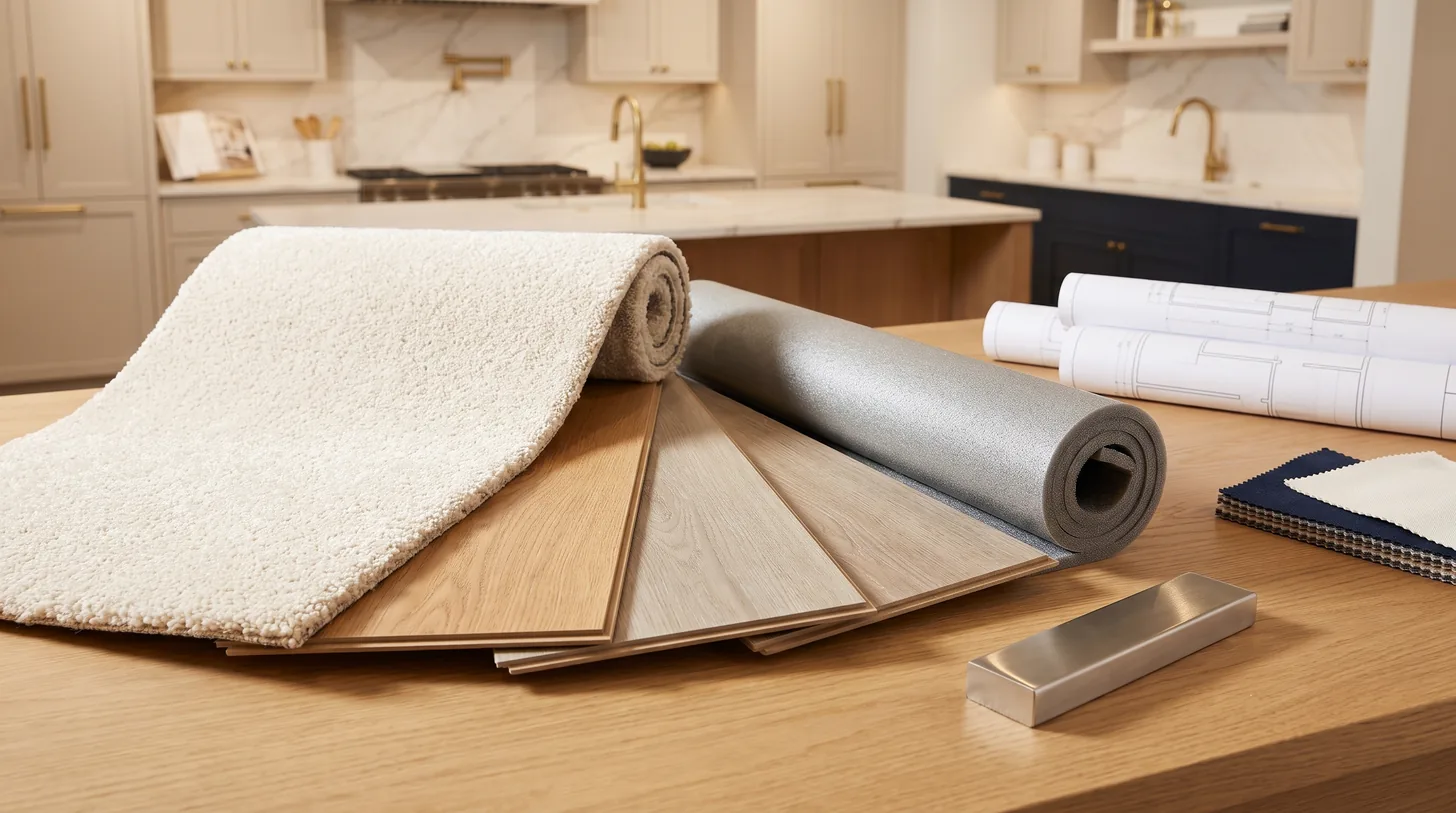 Carpet and laminate plank samples on showroom table