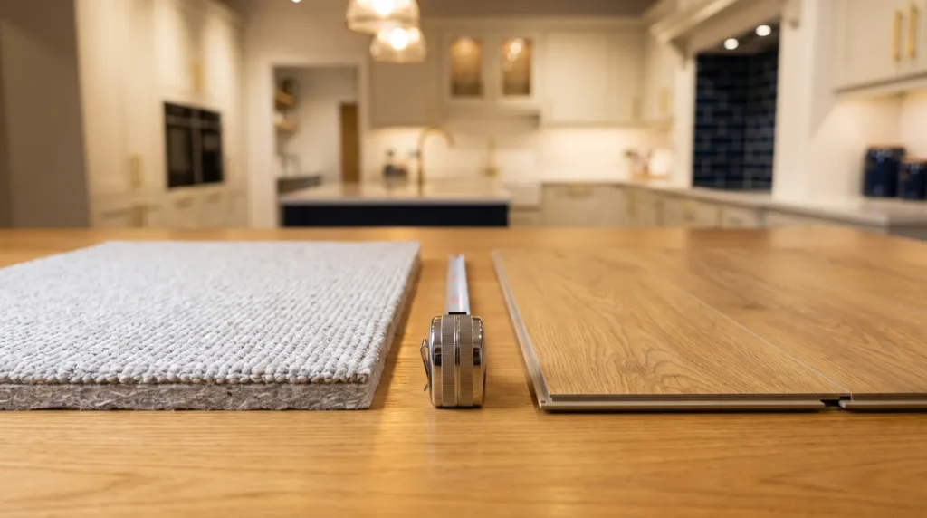 Carpet and luxury vinyl plank samples compared overhead