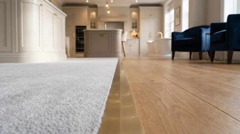 Carpet meeting oak hardwood at transition strip