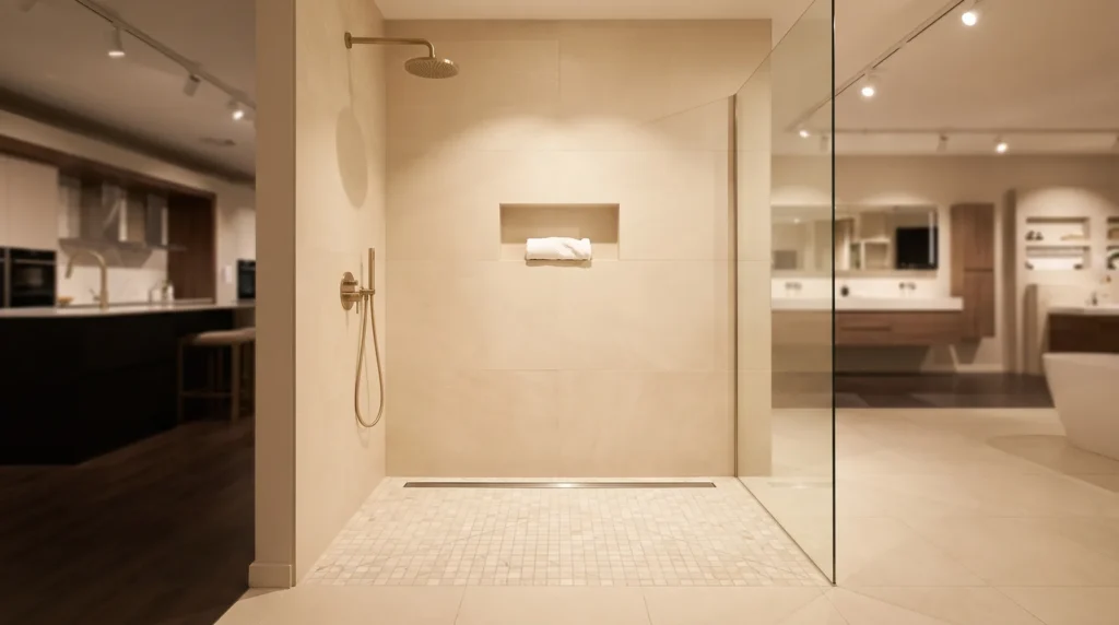 Curbless shower flush floor linear drain frameless glass