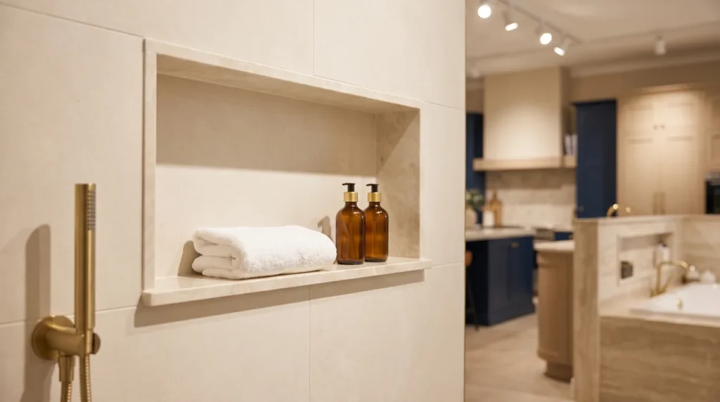 Finished tiled shower niche with marble shelf