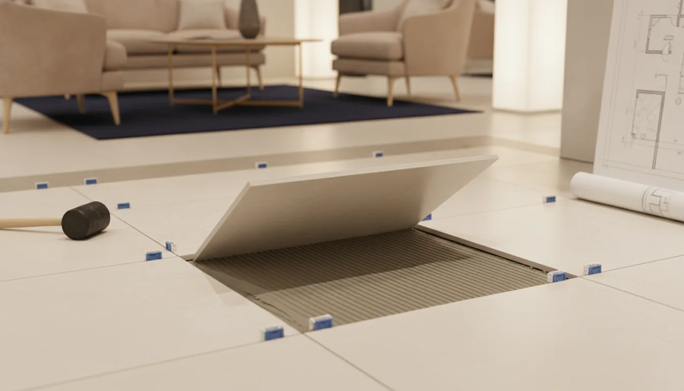 Floor tile lifted showing full thinset coverage