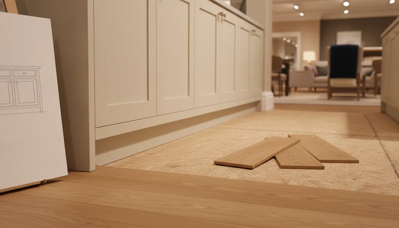 Flooring meeting cabinet toe kick with bare subfloor