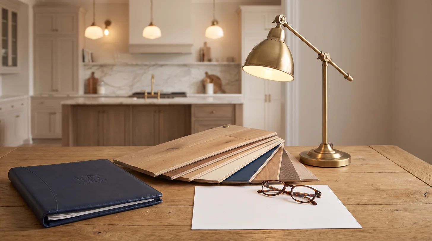 Flooring samples and folio on showroom consultation desk