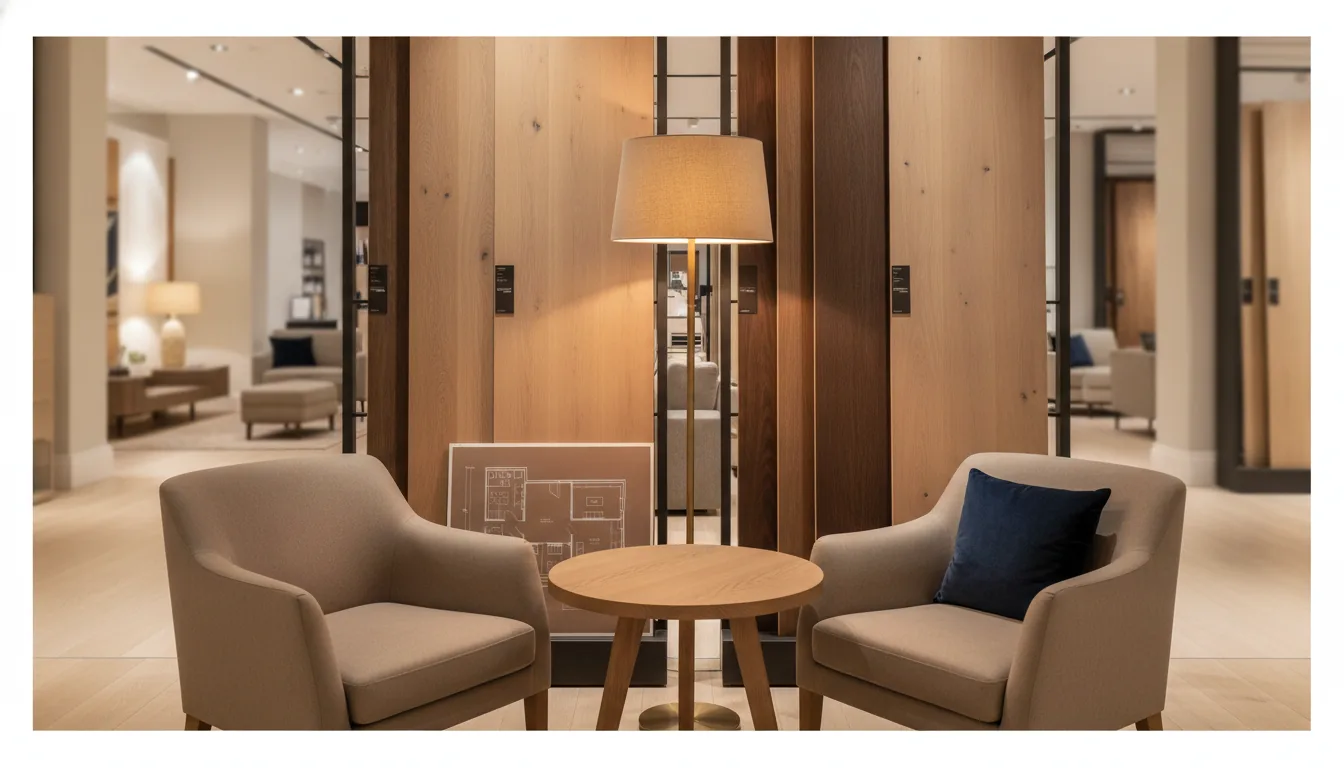 Flooring showroom consultation corner with sample racks