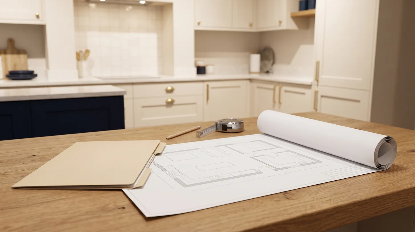 Kitchen floor plan on white paper with folder and tape