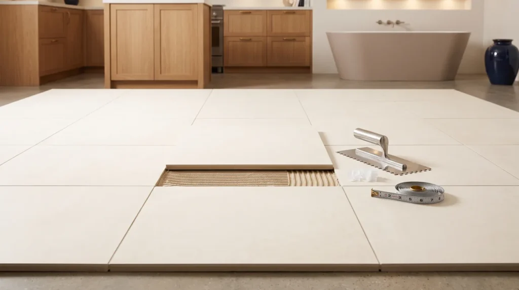 Large format porcelain floor tile grid with trowel