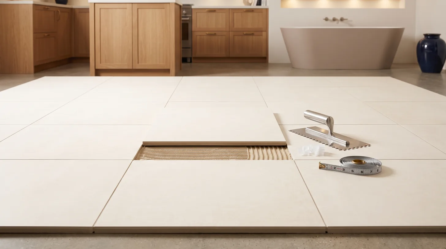 Large format porcelain floor tile grid with trowel