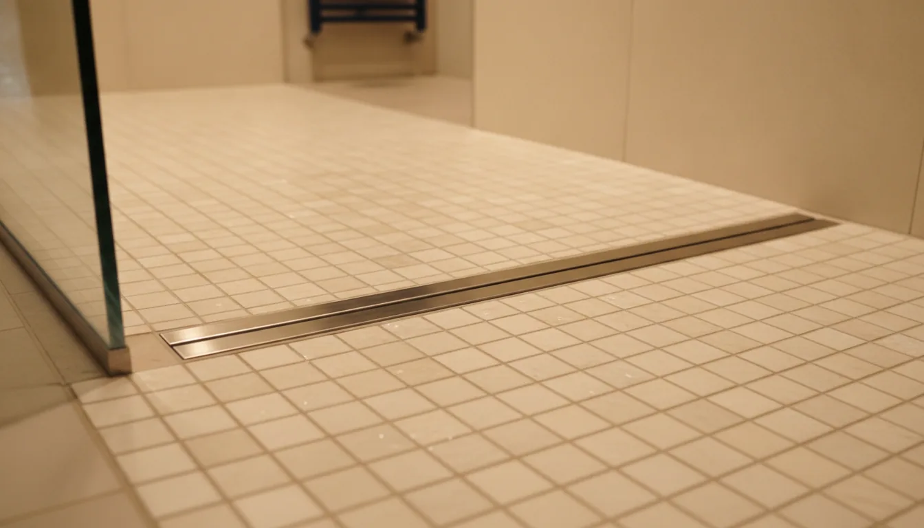 Linear drain in marble mosaic shower floor