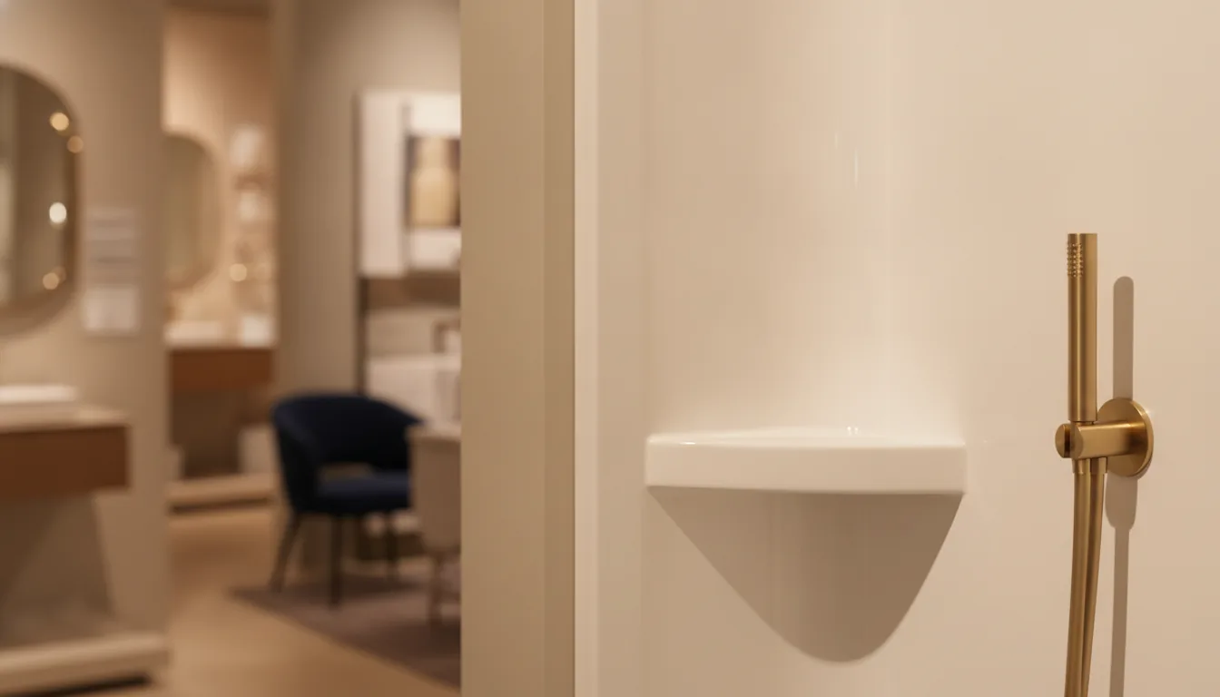 Moulded acrylic shower corner with integrated shelf