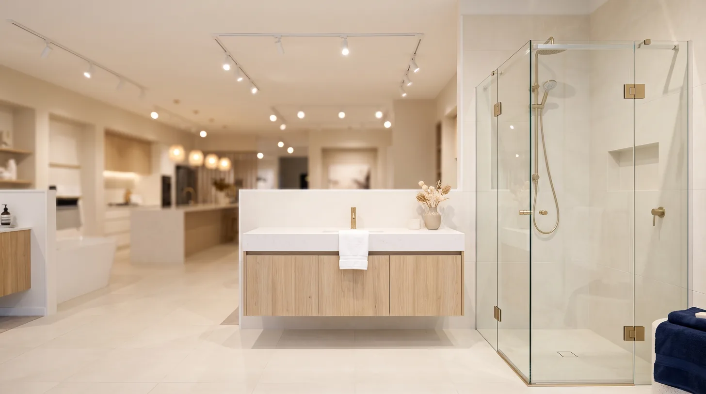 Neutral staged bathroom with floating oak vanity