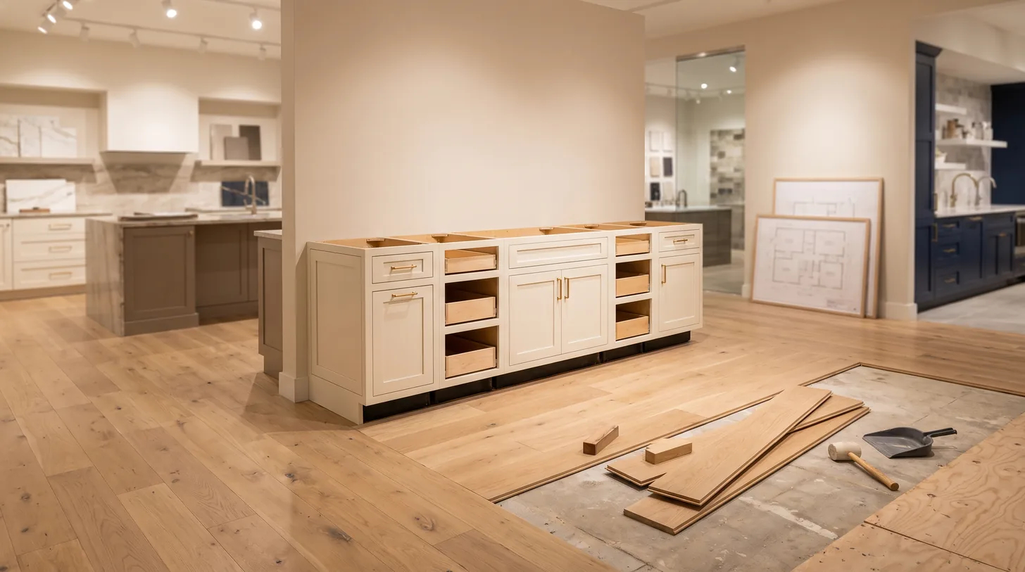 Oak flooring stopping at kitchen cabinet toe kick