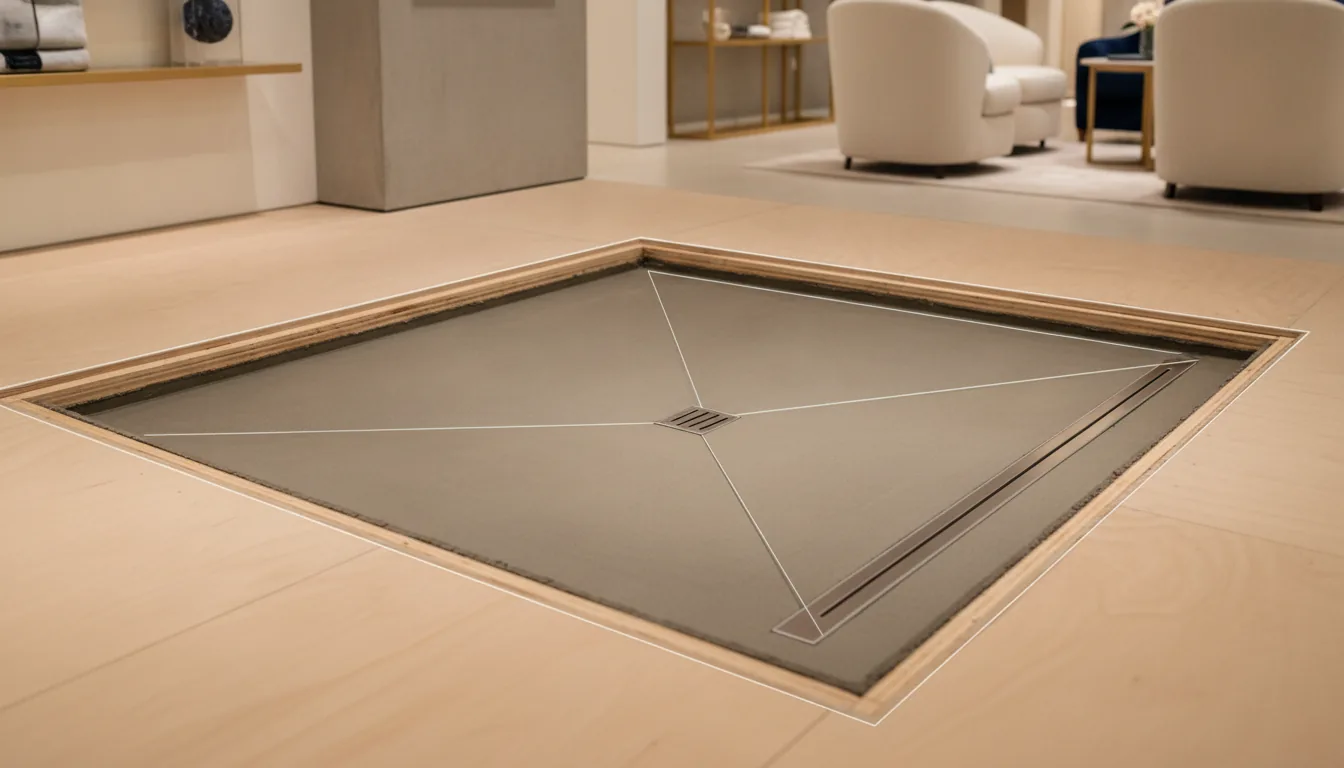 Recessed subfloor sloped bed for curbless shower