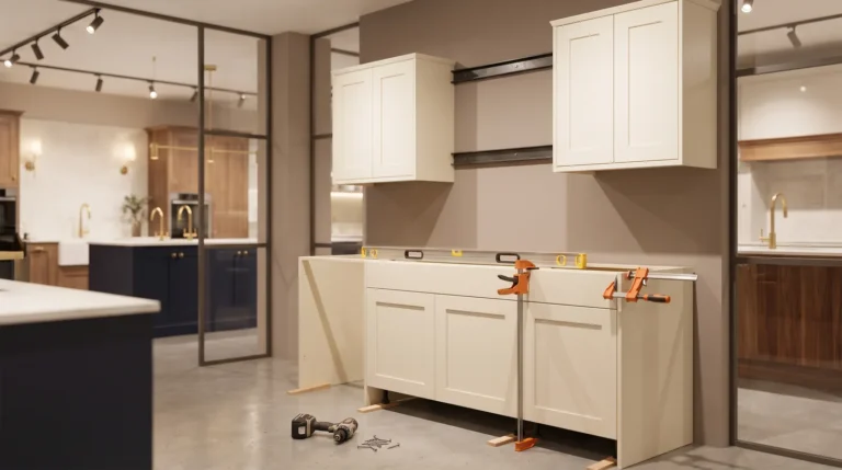 Shaker kitchen cabinets partly installed with level