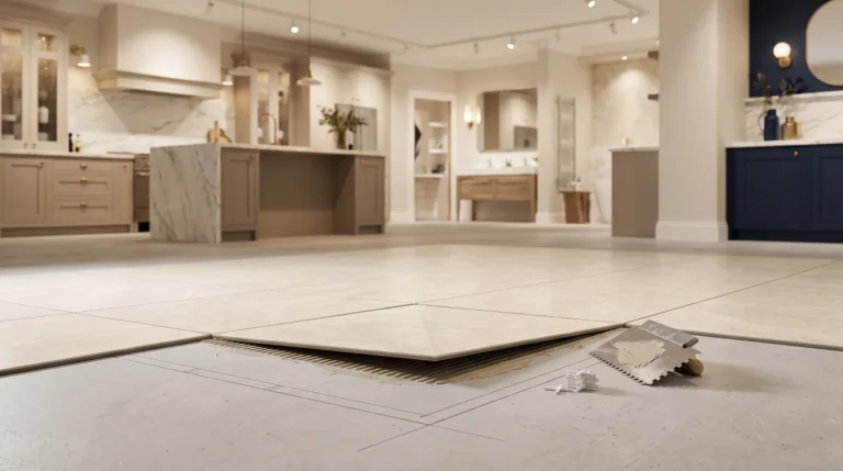 Stone look vinyl tile being set with notched trowel