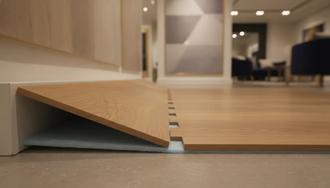 Vinyl plank lifted showing click lock and underlayment