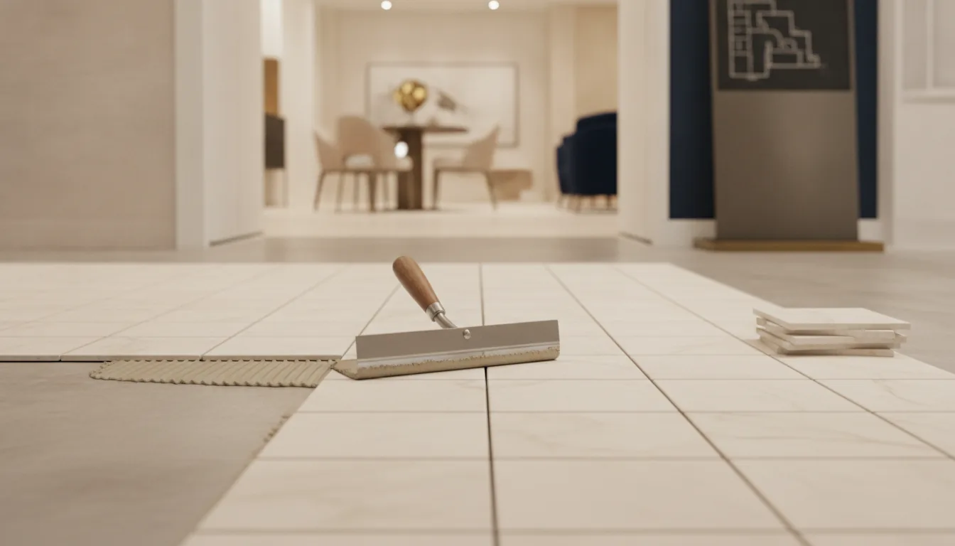 Vinyl tile grid with adhesive ridges at leading edge
