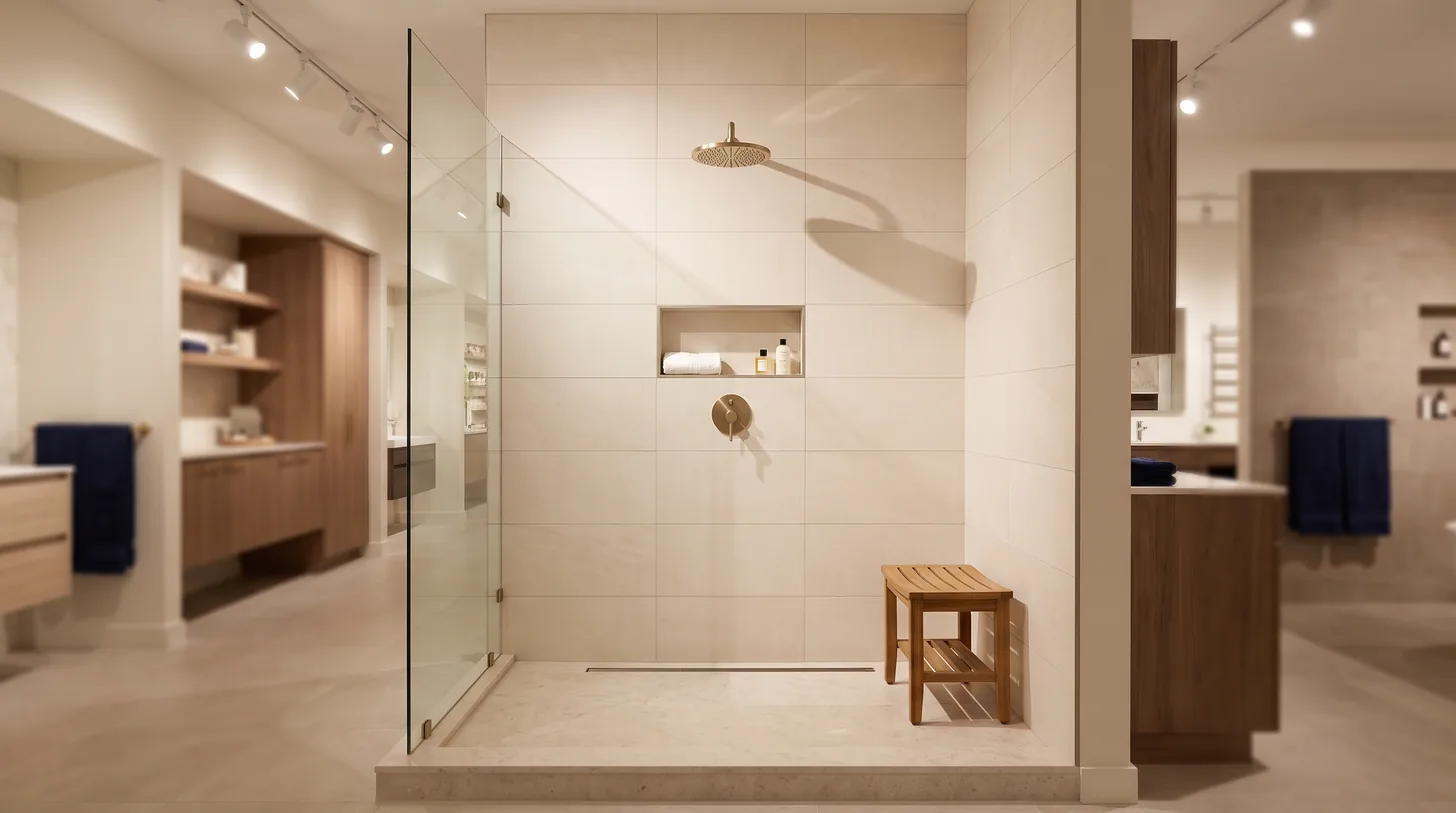 Walk in shower cream tile gold fixtures showroom