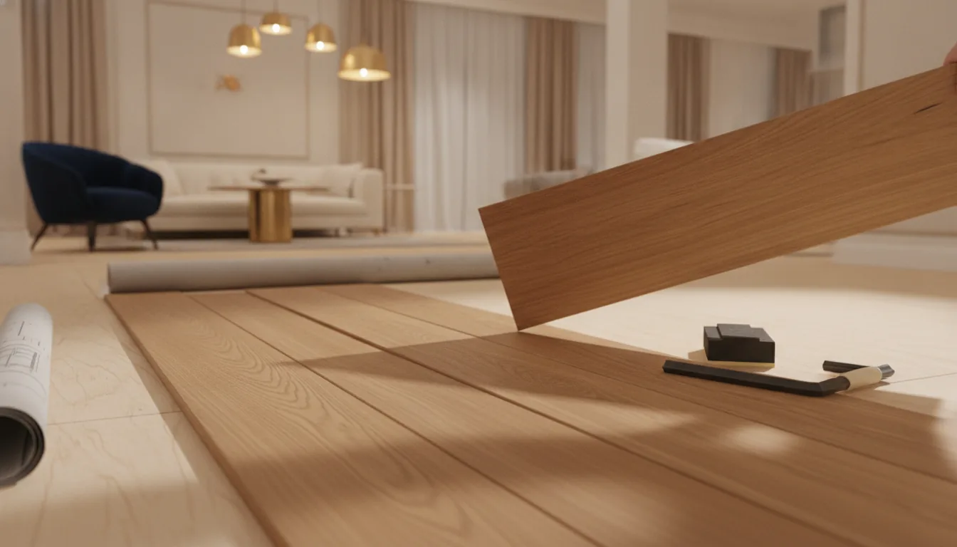 Wide plank oak hardwood being laid over subfloor